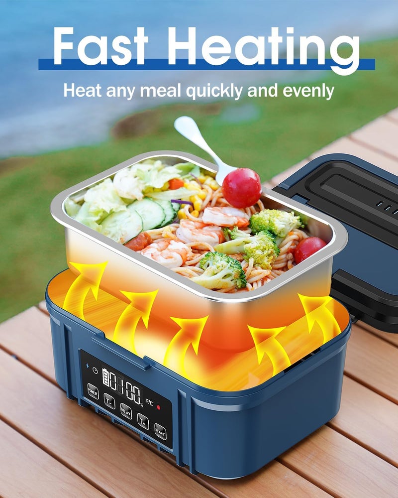 FERVINOW Cordless Electric Lunch Box for Adults – Battery-Powered Heated Lunch Box with 1.2L Stainless Steel Container, Timer Function, and Leak-Proof Food Warmer for Work, Travel & Office(Aqua Blue) - Image 2